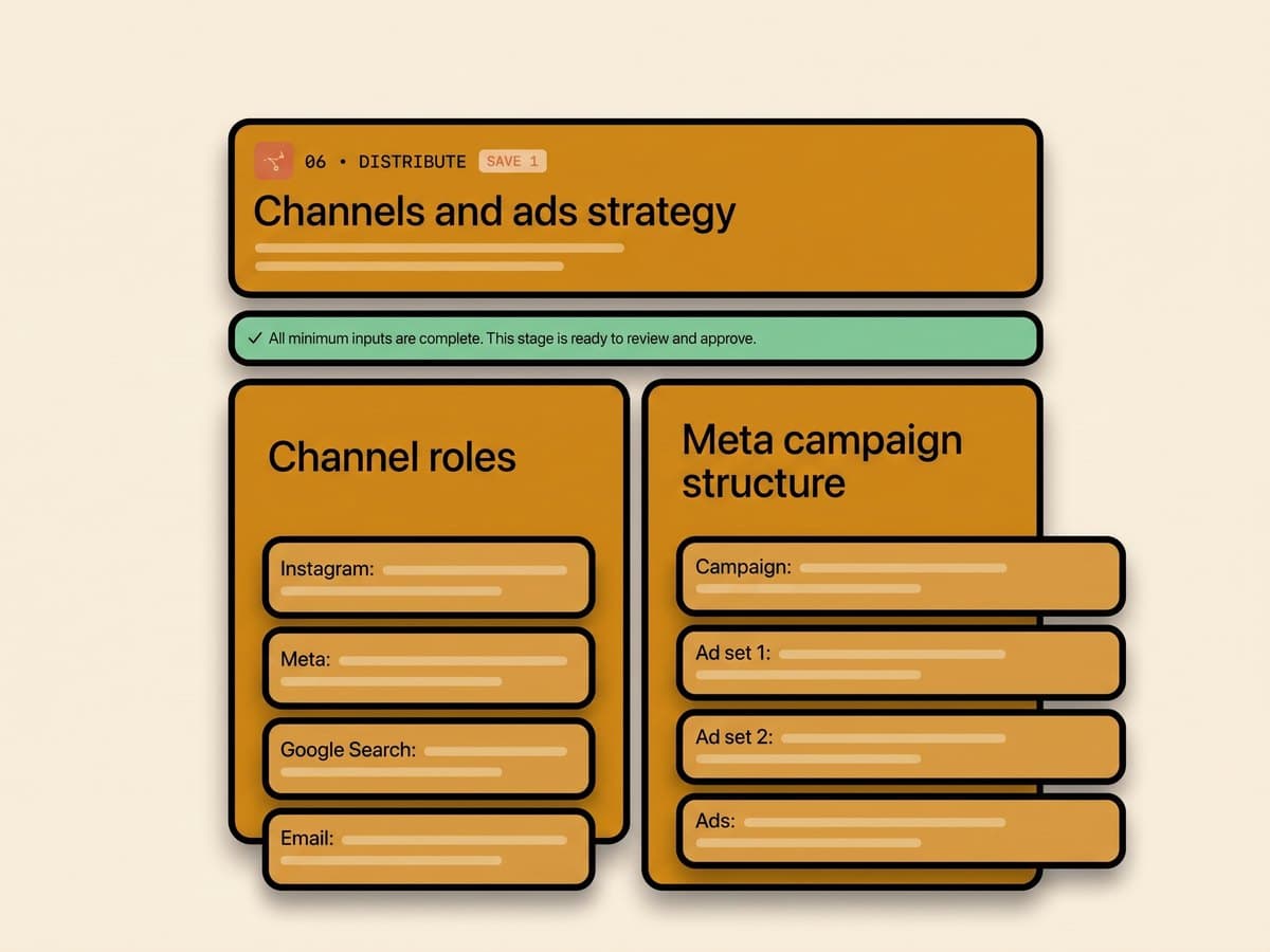 Levrit's distribution stage, with channel roles and a Meta campaign structure