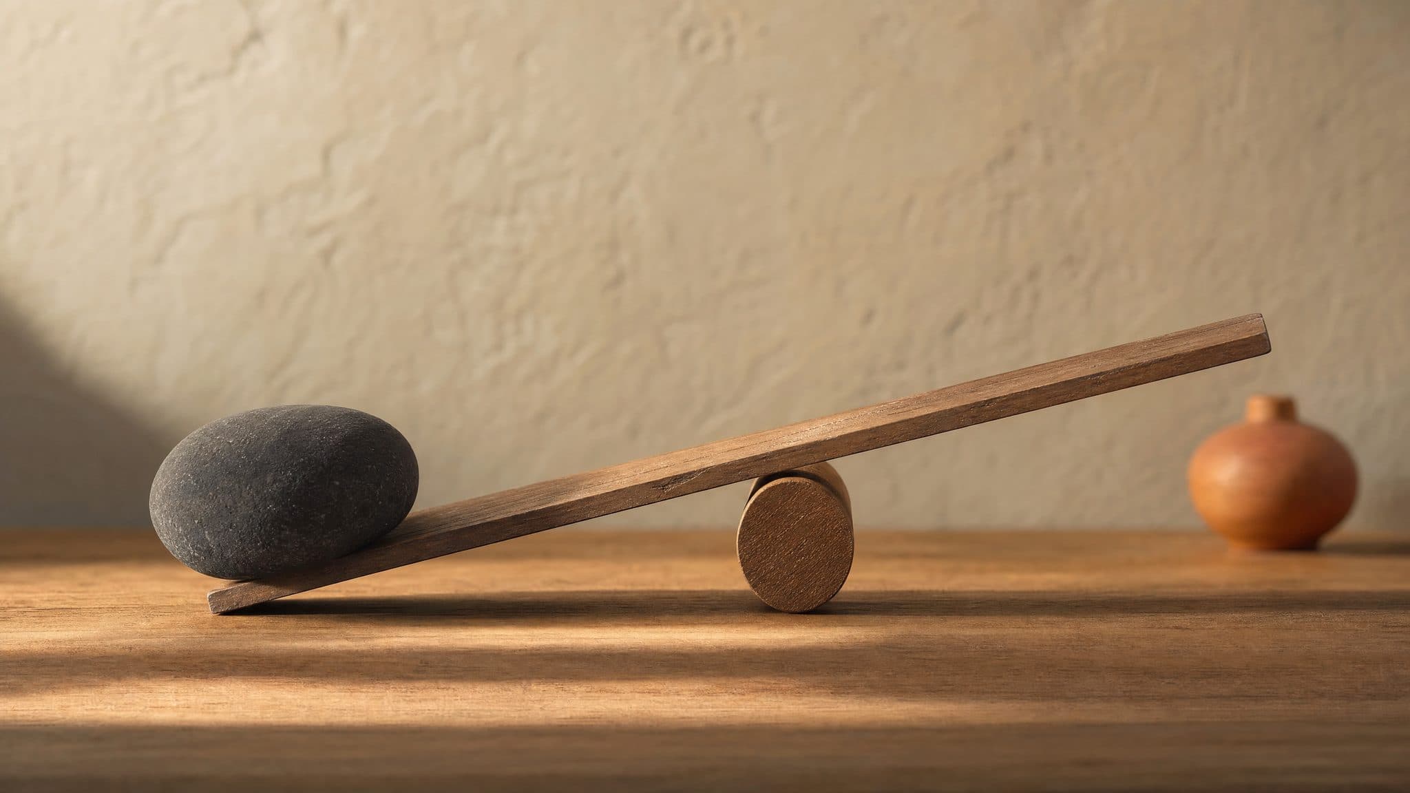 A wooden lever lifting a dark stone, a minimal still life in warm light